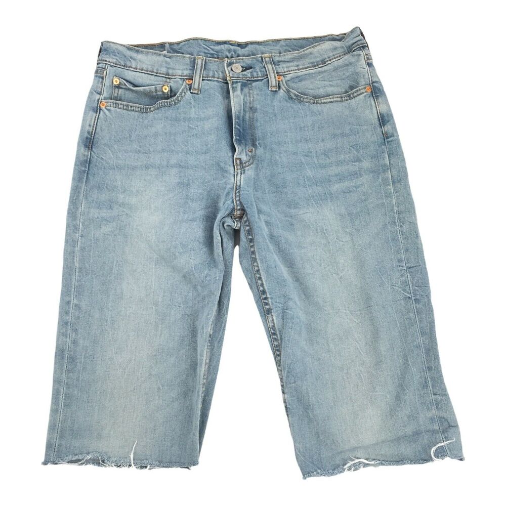 Levis 514 Cut Off Bermuda Modest Length Jean Shorts Size 34 Light Wash Denim